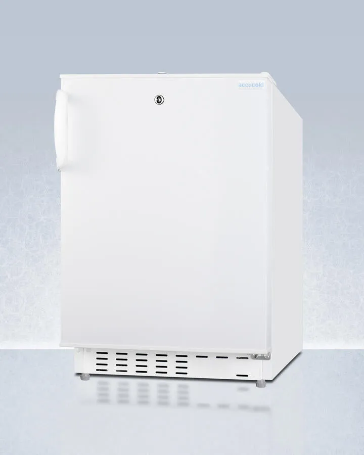 Summit ADA302RFZ Built-In Undercounter. Ada Compliant Refrigerator-Freezer In White. Designed For General Purpose Storage. Manual Defrost With Glass Shelves. Front Lock. And Door Storage