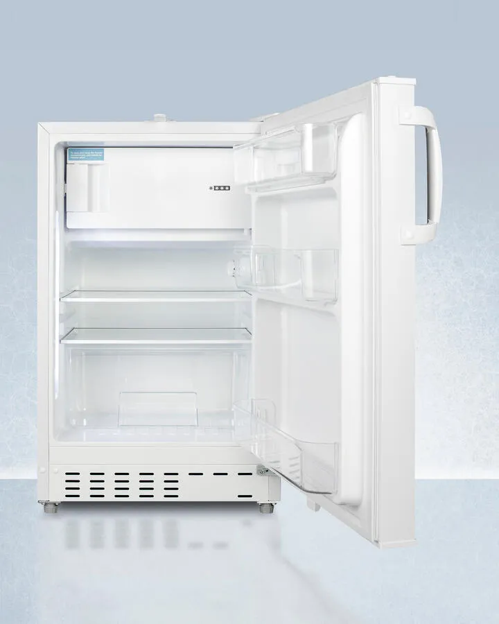 Summit ADA302RFZ Built-In Undercounter. Ada Compliant Refrigerator-Freezer In White. Designed For General Purpose Storage. Manual Defrost With Glass Shelves. Front Lock. And Door Storage