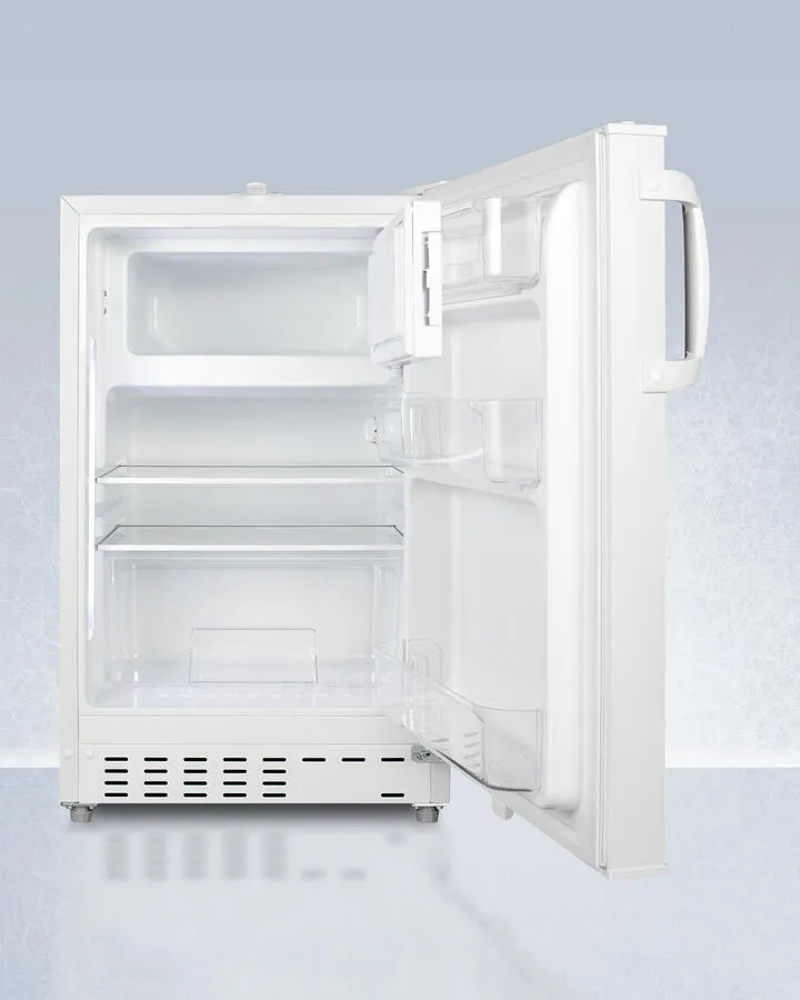Summit ADA302RFZ Built-In Undercounter. Ada Compliant Refrigerator-Freezer In White. Designed For General Purpose Storage. Manual Defrost With Glass Shelves. Front Lock. And Door Storage