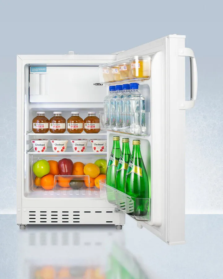 Summit ADA302RFZ Built-In Undercounter. Ada Compliant Refrigerator-Freezer In White. Designed For General Purpose Storage. Manual Defrost With Glass Shelves. Front Lock. And Door Storage