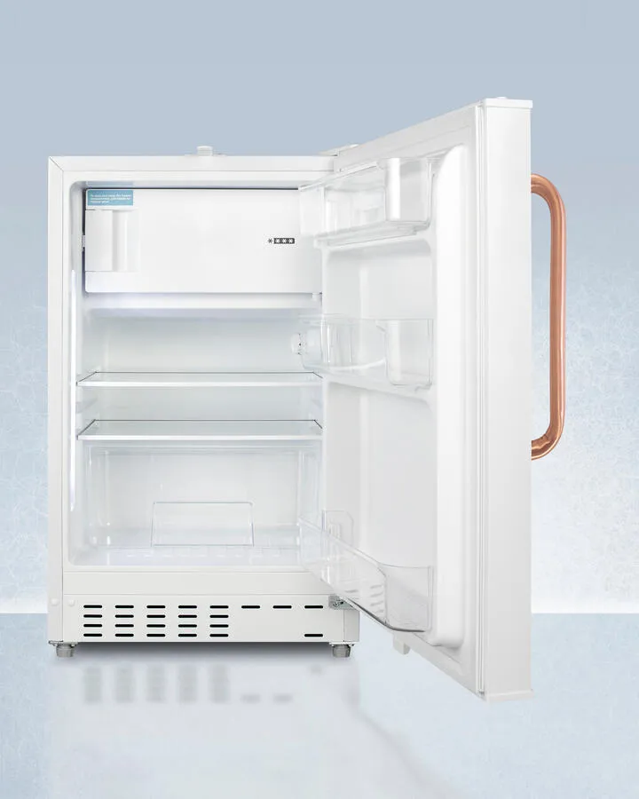Summit ADA302RFZTBC Built-In Undercounter. Ada Compliant Refrigerator-Freezer In White. Designed For General Purpose Storage. With Pure Copper Towel Bar Handle. Manual Defrost With Glass Shelves. Front Lock. And Door Storage