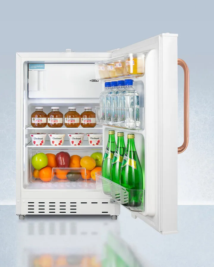 Summit ADA302RFZTBC Built-In Undercounter. Ada Compliant Refrigerator-Freezer In White. Designed For General Purpose Storage. With Pure Copper Towel Bar Handle. Manual Defrost With Glass Shelves. Front Lock. And Door Storage