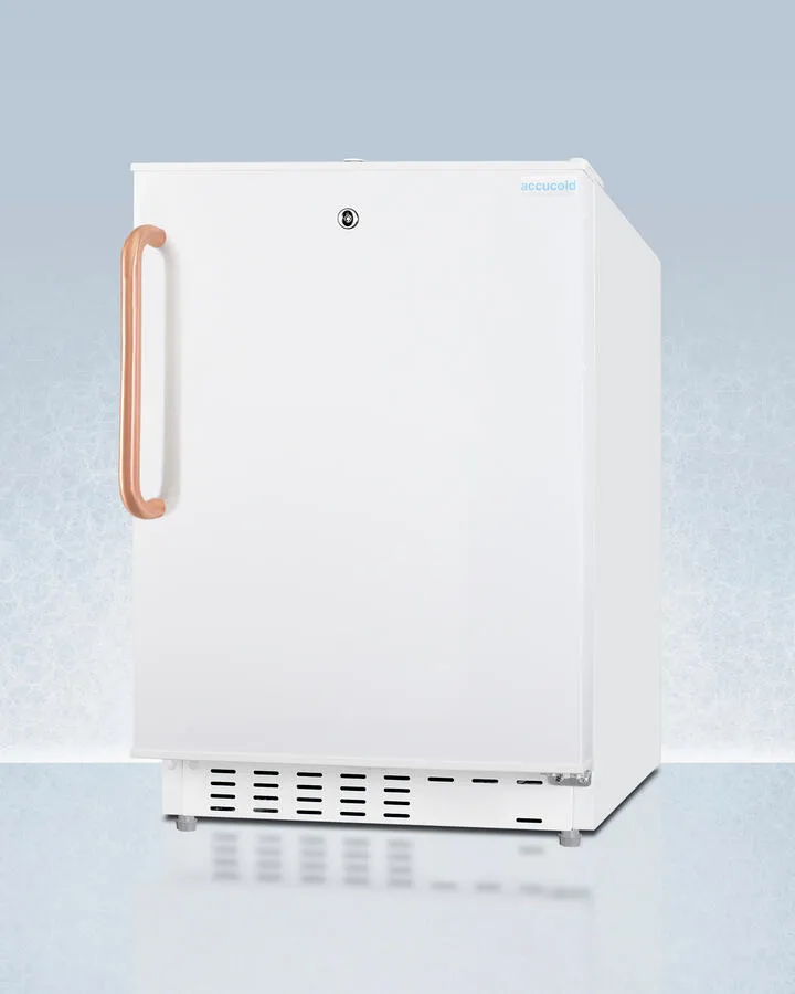 Summit ADA302RFZTBC Built-In Undercounter. Ada Compliant Refrigerator-Freezer In White. Designed For General Purpose Storage. With Pure Copper Towel Bar Handle. Manual Defrost With Glass Shelves. Front Lock. And Door Storage