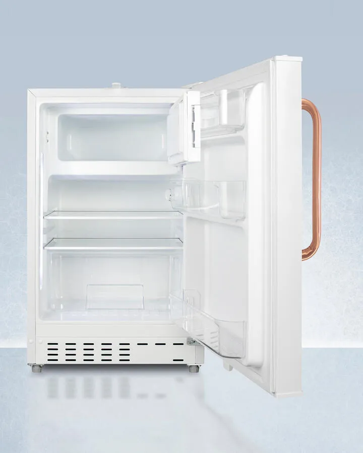 Summit ADA302RFZTBC Built-In Undercounter. Ada Compliant Refrigerator-Freezer In White. Designed For General Purpose Storage. With Pure Copper Towel Bar Handle. Manual Defrost With Glass Shelves. Front Lock. And Door Storage