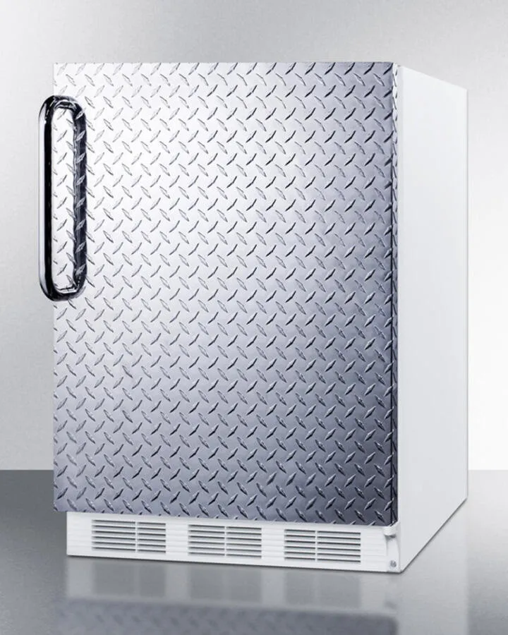 Summit CT661BIDPL Built-In Undercounter Refrigerator-Freezer For Residential Use. Cycle Defrost With A Diamond Plate Wrapped Door. Towel Bar Handle. And White Cabinet