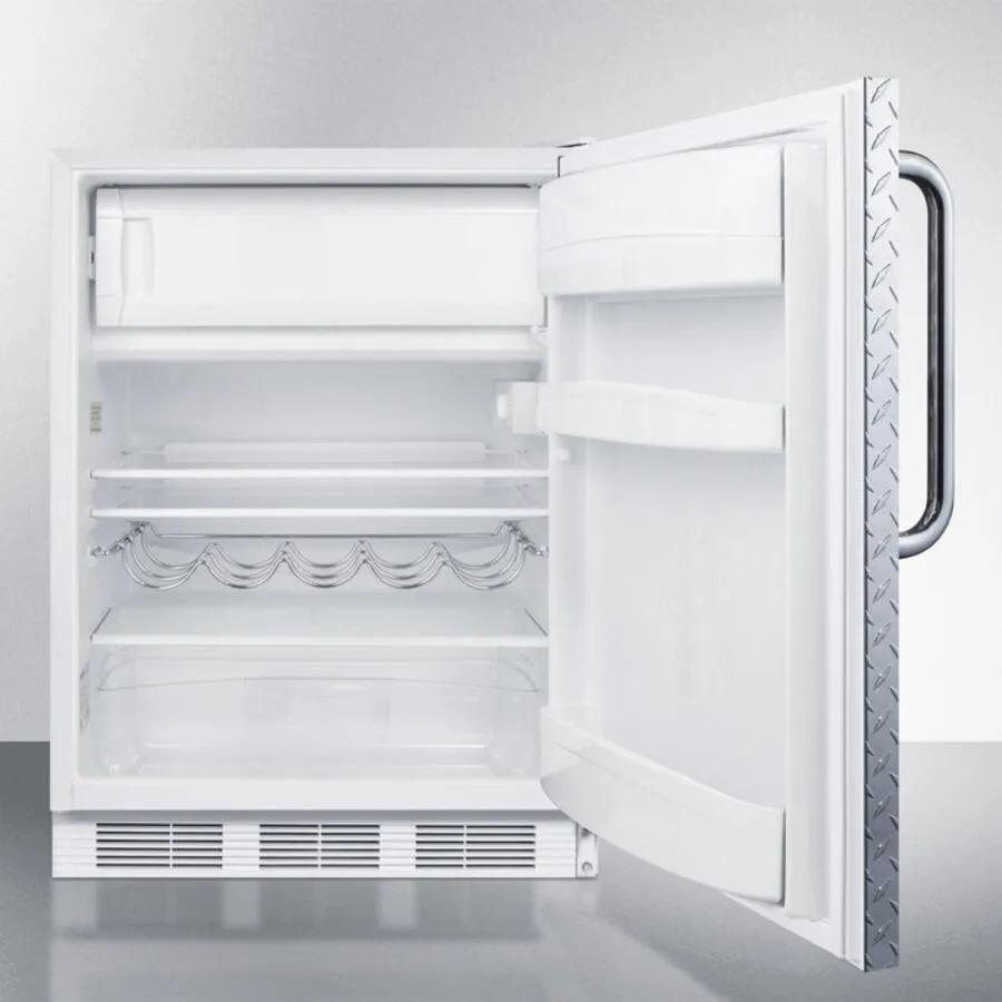 Summit CT661BIDPL Built-In Undercounter Refrigerator-Freezer For Residential Use. Cycle Defrost With A Diamond Plate Wrapped Door. Towel Bar Handle. And White Cabinet