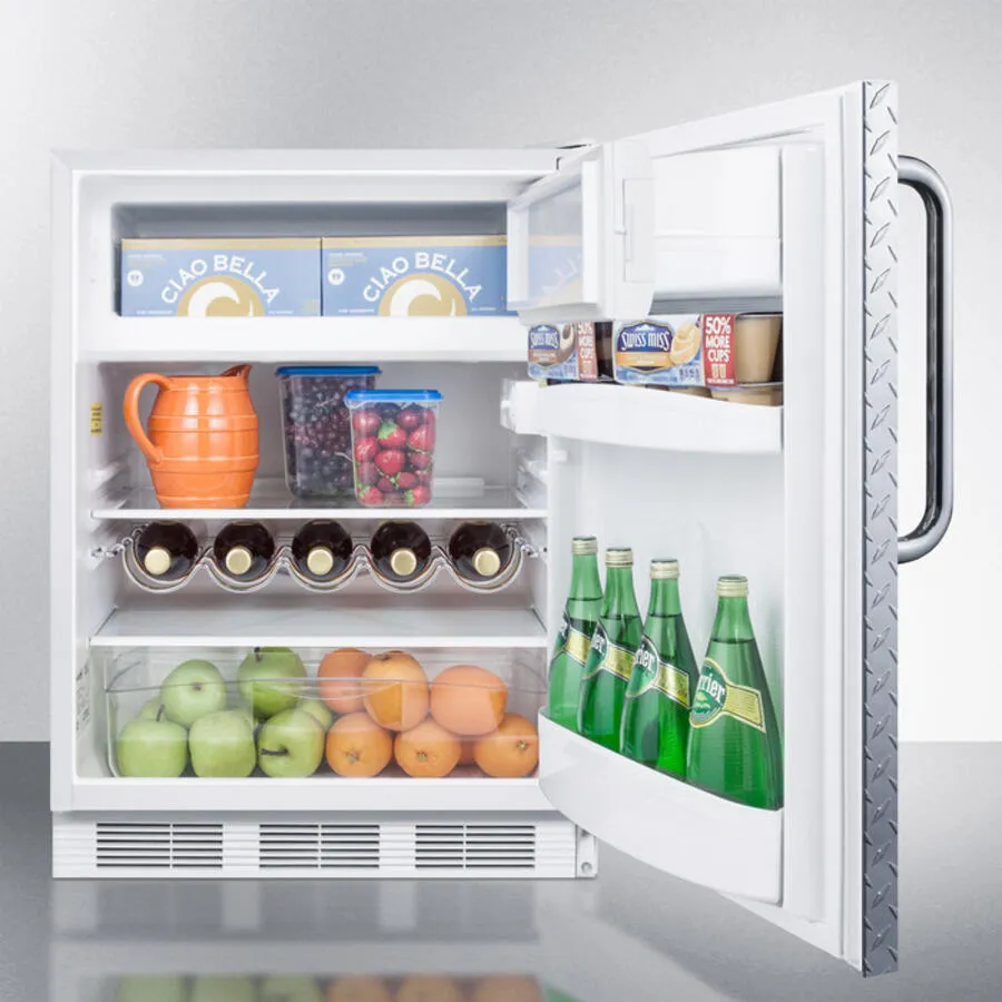 Summit CT661BIDPL Built-In Undercounter Refrigerator-Freezer For Residential Use. Cycle Defrost With A Diamond Plate Wrapped Door. Towel Bar Handle. And White Cabinet