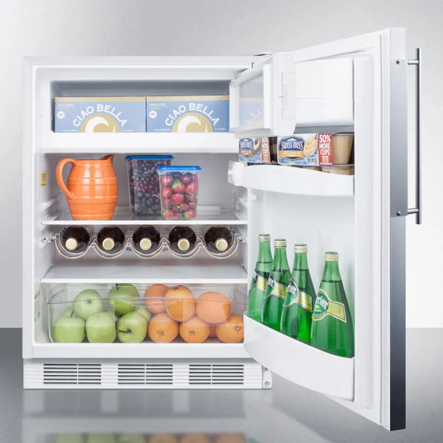 Summit CT661BIFR Built-In Undercounter Refrigerator-Freezer For Residential Use. Cycle Defrost With A Deluxe Interior. Ss Door Frame For Slide-In Panels. And White Cabinet
