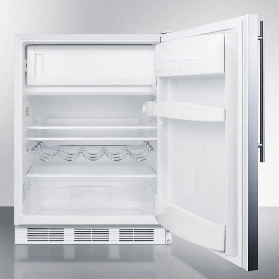 Summit CT661BISSHV Built-In Undercounter Refrigerator-Freezer For Residential Use. Cycle Defrost W/Deluxe Interior. Stainless Steel Wrapped Door. Thin Handle. And White Cabinet