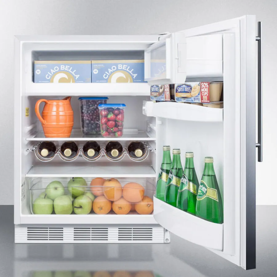 Summit CT661BISSHV Built-In Undercounter Refrigerator-Freezer For Residential Use. Cycle Defrost W/Deluxe Interior. Stainless Steel Wrapped Door. Thin Handle. And White Cabinet