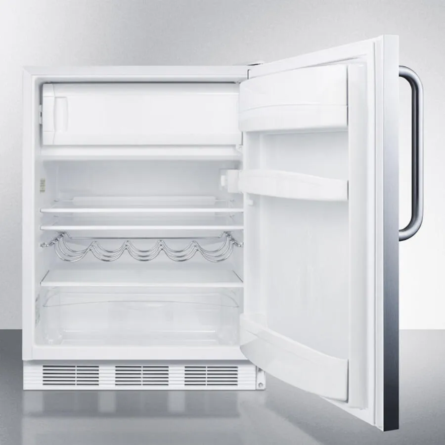 Summit CT661BISSTB Built-In Undercounter Refrigerator-Freezer For Residential Use. Cycle Defrost With A Stainless Steel Wrapped Door. Towel Bar Handle. And White Cabinet