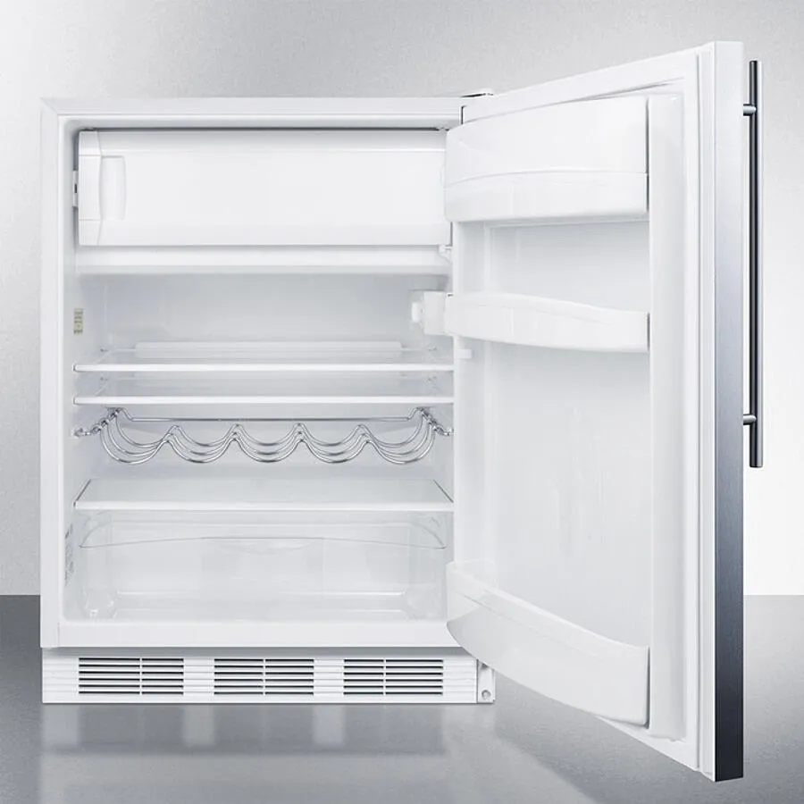 Summit CT661WBISSHV Built-In Undercounter Refrigerator-Freezer For Residential Use. Cycle Defrost W/Deluxe Interior. Stainless Steel Wrapped Door. Thin Handle. And White Cabinet