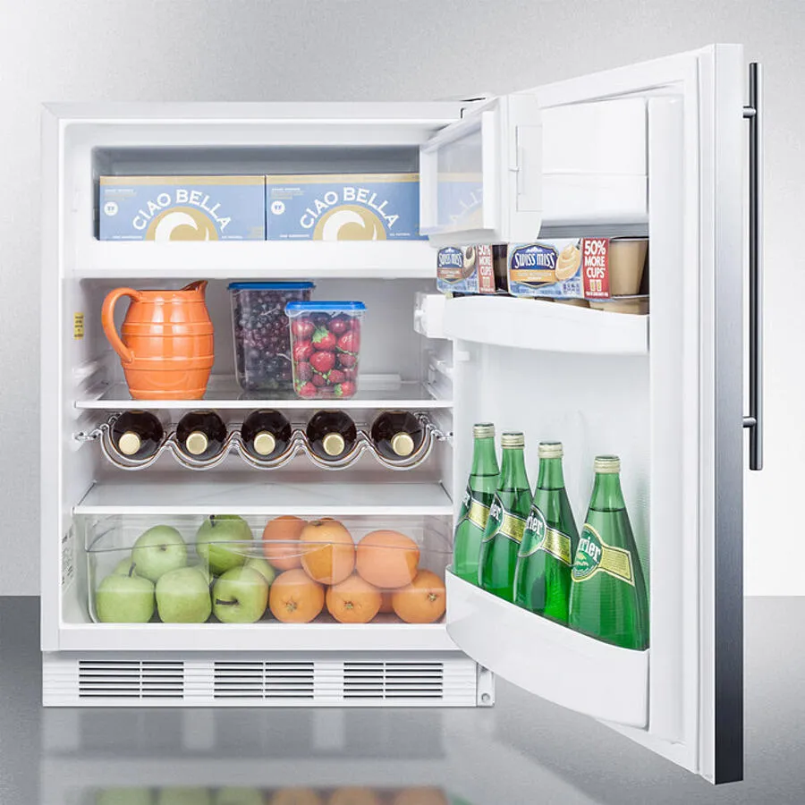 Summit CT661WBISSHV Built-In Undercounter Refrigerator-Freezer For Residential Use. Cycle Defrost W/Deluxe Interior. Stainless Steel Wrapped Door. Thin Handle. And White Cabinet