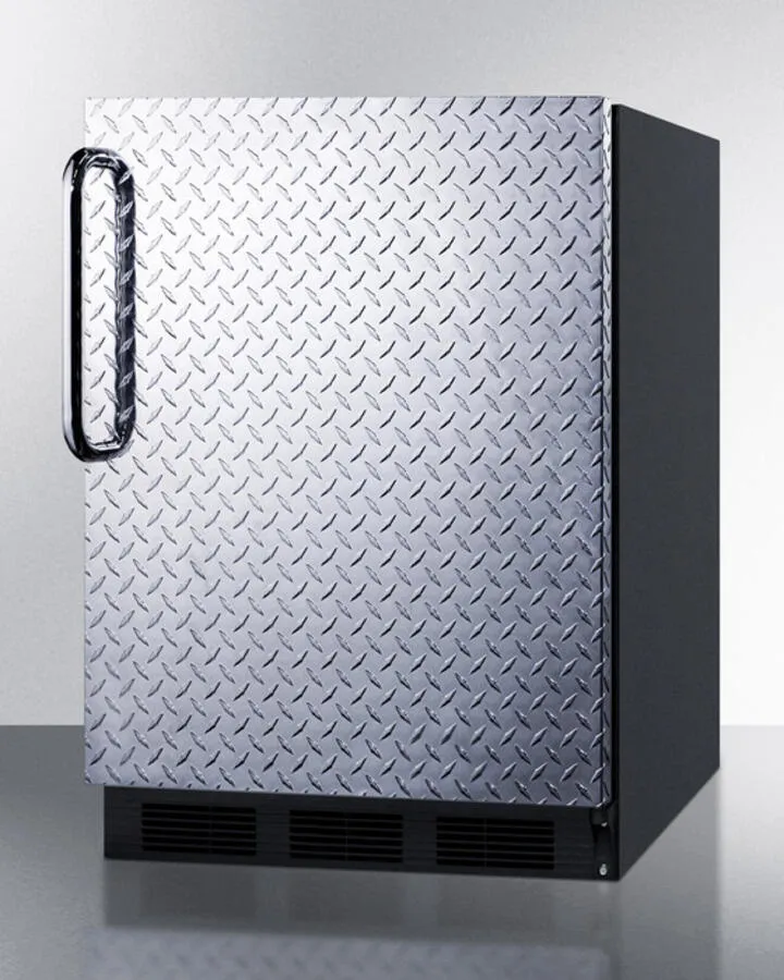 Summit CT663BBIDPL Built-In Undercounter Refrigerator-Freezer For Residential Use. Cycle Defrost With A Diamond Plate Wrapped Door. Towel Bar Handle. And Black Cabinet