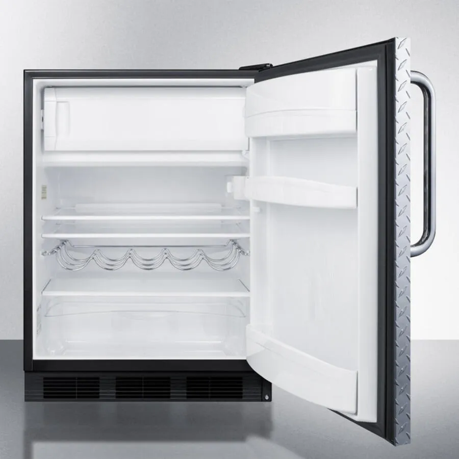 Summit CT663BBIDPL Built-In Undercounter Refrigerator-Freezer For Residential Use. Cycle Defrost With A Diamond Plate Wrapped Door. Towel Bar Handle. And Black Cabinet