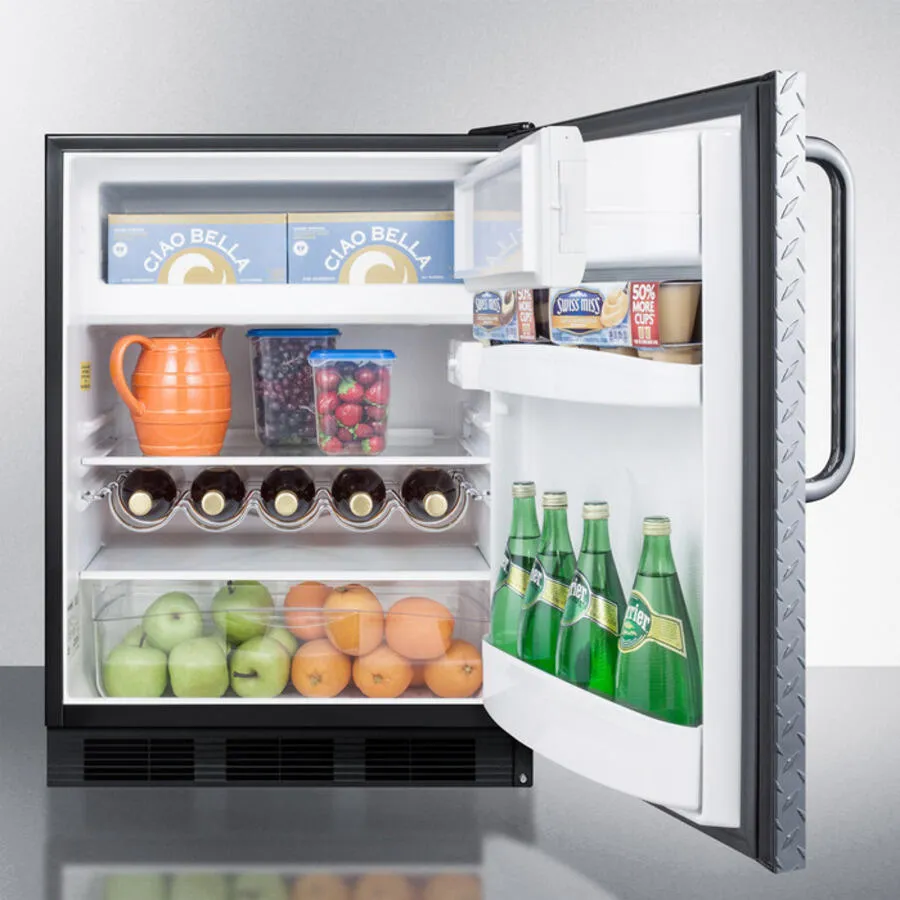 Summit CT663BBIDPL Built-In Undercounter Refrigerator-Freezer For Residential Use. Cycle Defrost With A Diamond Plate Wrapped Door. Towel Bar Handle. And Black Cabinet