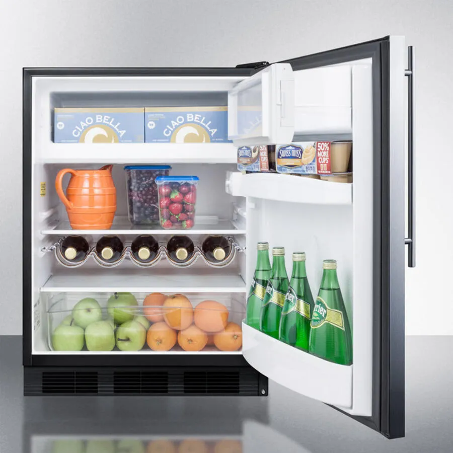 Summit CT663BBISSHV Built-In Undercounter Refrigerator-Freezer For Residential Use. Cycle Defrost W/Deluxe Interior. Stainless Steel Wrapped Door. Thin Handle. And Black Cabinet