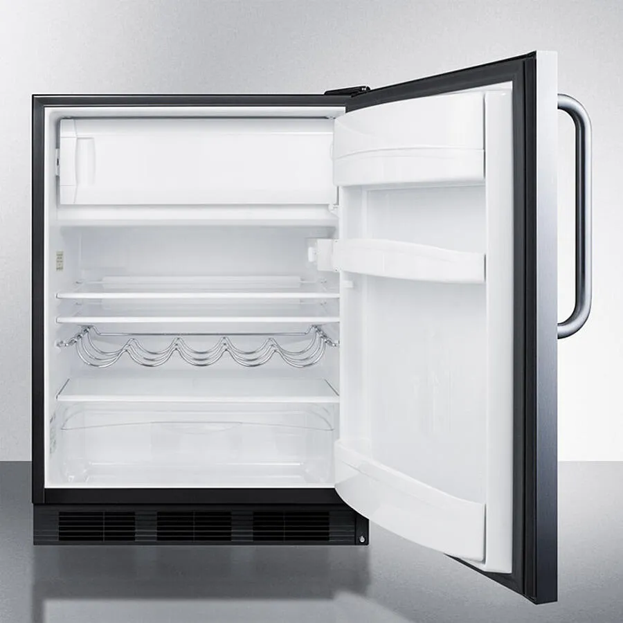 Summit CT663BKBISSTB Built-In Undercounter Refrigerator-Freezer For Residential Use. Cycle Defrost With A Stainless Steel Wrapped Door. Towel Bar Handle. And Black Cabinet